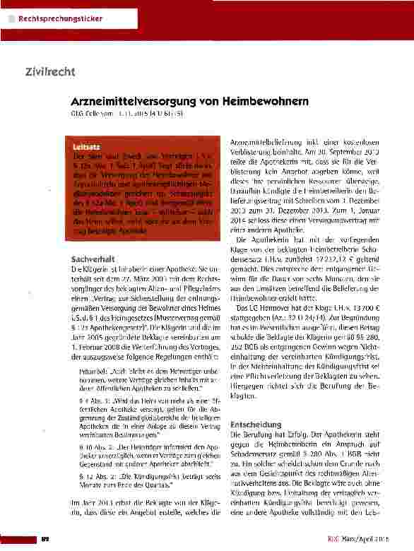 Vorschauseite 1: Arzneimittelversorgung von Heimbewohnern OLG Cellevom 11.11.2015 (4 U 61/15)
