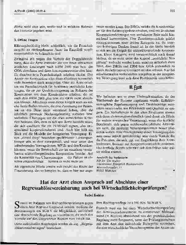 Vorschauseite 1: Hat der Arzt einen Anspruch auf Abschluss einer Regressablösevereinbarung auch bei Wirtschaftlichkeitsprüfungen?