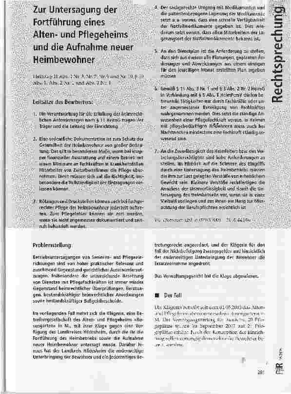 Vorschauseite 1: Zur Untersagung der Fortführung eines Altenund Pflegeheims und die Aufnahme neuer Heimbewohner