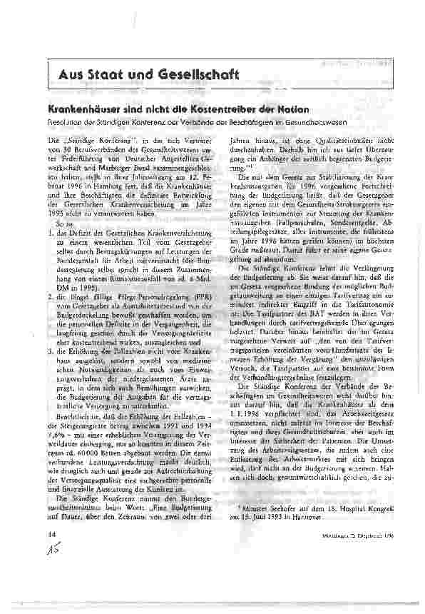 Vorschauseite 1: Krankenhäuser sind nicht die Kostentreiber der Nation Resolution der Ständigen Konferenz der Verbände der Beschäftigten im Gesundheitswesen