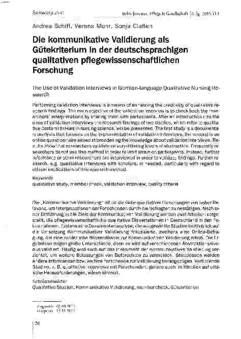 Vorschauseite 1: Die kommunikative Validierung als Gütekriterium in der deutschsprachigen qualitativen pflegewissenschaftlichen Forschung
