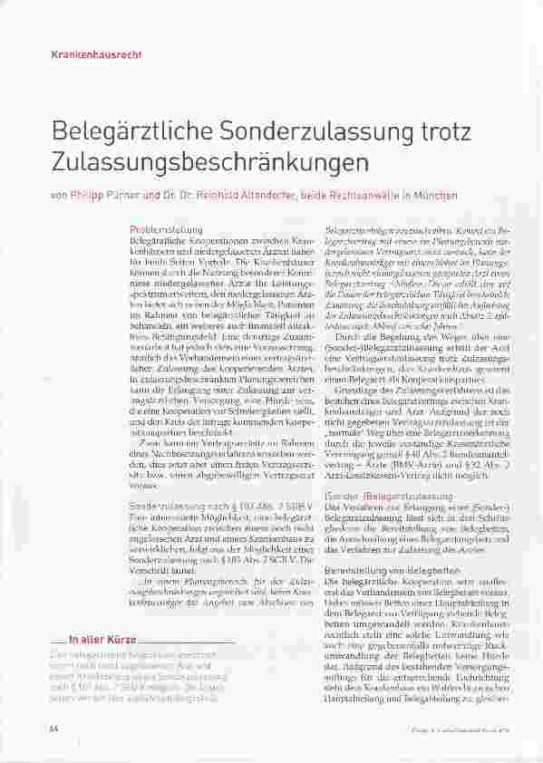 Vorschauseite 1: Belegärztliche Sonderzulassung trotz Zulassungsbeschränkungen