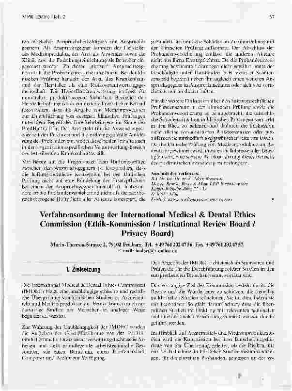 Vorschauseite 1: Verfahrensordnung der International Medical & Dental Ethics Commission (Ethik-Kommission / Institutional Review Board /Privacy Board)