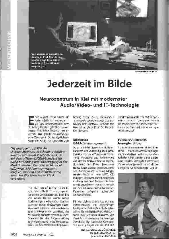 Vorschauseite 1: Jederzeit im Bilde - Neurozentrum in Kiel mit modernsterAudio/Videound IT-Technologie
