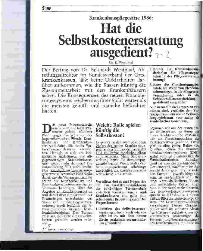 Vorschauseite 1: Hat die Selbstkostenerstattung ausgedient? Krankenhauspflegesätze 1986