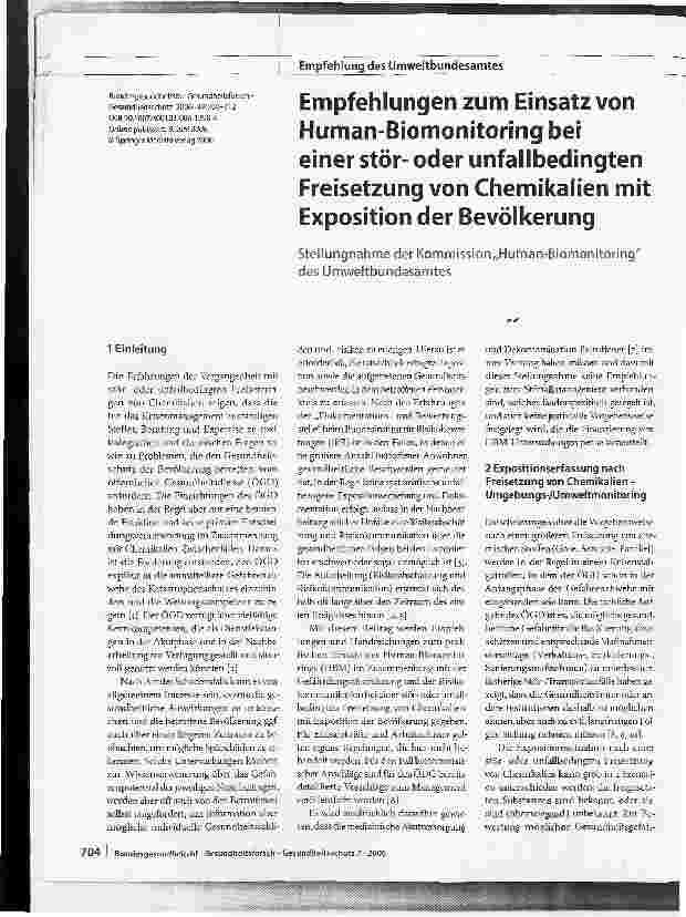 Vorschauseite 1: Empfehlungen zum Einsatz von Human-Biomonitoring bei einer störoder unfallbedingten Freisetzung von Chemikalien mit Exposition der Bevölkerung