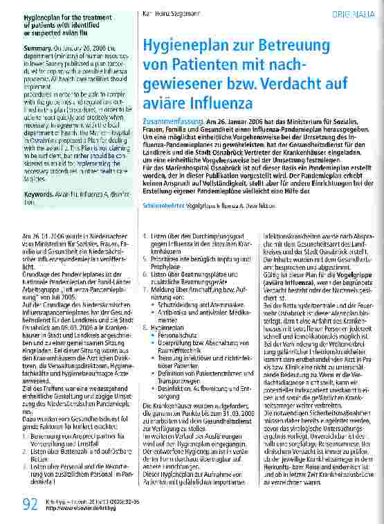 Vorschauseite 1: Hygieneplan zur Betreuung von Patienten mit nachgewiesener bzw. Verdacht auf aviäre Influenza