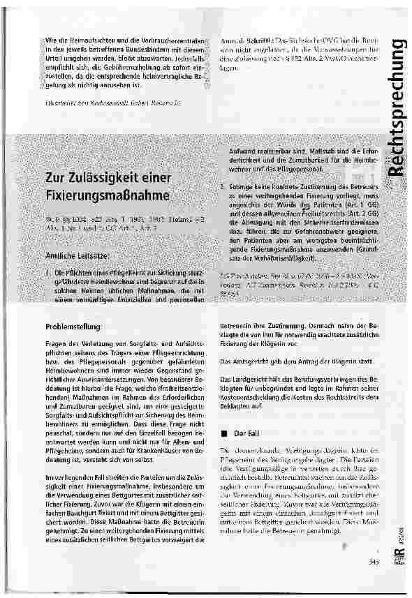 Vorschauseite 1: Zur Zulässigkeit einer Fixierungsmaßnahme