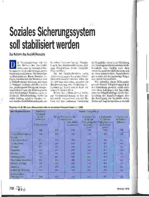 Vorschauseite 1: Soziales Sicherungssystem soll stabilisiert werden Zur Reform des Sozialhilferechts