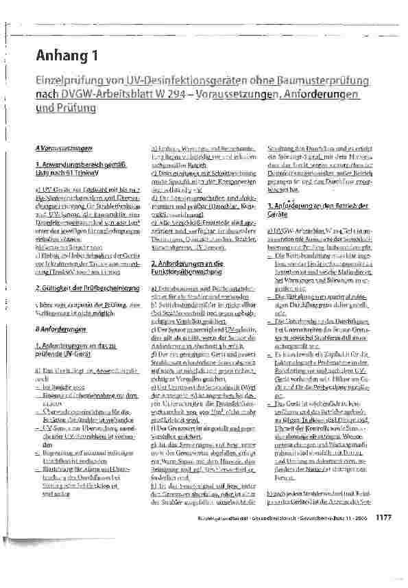 Vorschauseite 1: Einzelprüfung von UV-Desinfektionsgeräten ohne Baumusterprüfung nach DVGW-Arbeitsblatt W 294 - Voraussetzungen, Anforderungen und Prüfung