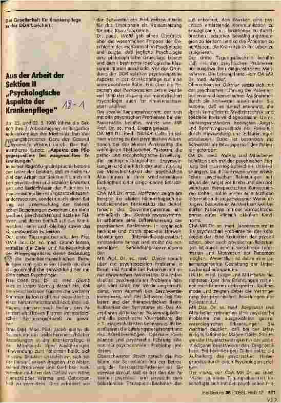 Vorschauseite 1: Aus der Arbeit der Sektion II Psychologische Aspekte der Krankenpflege