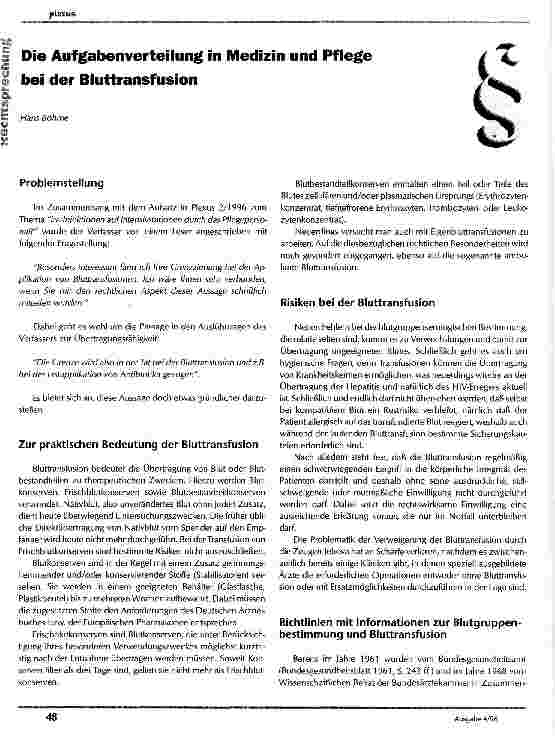 Vorschauseite 1: Die Aufgabenverteilung in Medizin und Pflege bei der Bluttransfusion