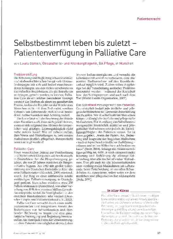 Vorschauseite 1: Selbstbestimmt leben bis zuletzt -Patientenverfügung in Palliative Care