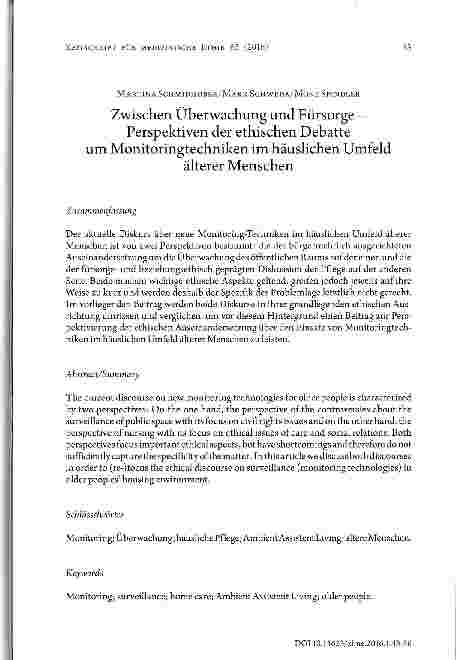 Vorschauseite 1: Zwischen Überwachung und Fürsorge - Perspektiven der ethischen Debatte um Monitoringtechniken im häuslichen Umfeldälterer Menschen