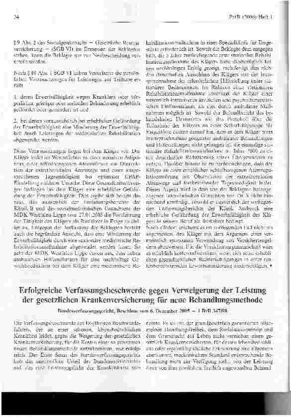 Vorschauseite 1: Erfolgreiche Verfassungsbeschwerde gegen Verweigerung der Leistung der gesetzlichen Krankenversicherung für neue Behandlungsmethode