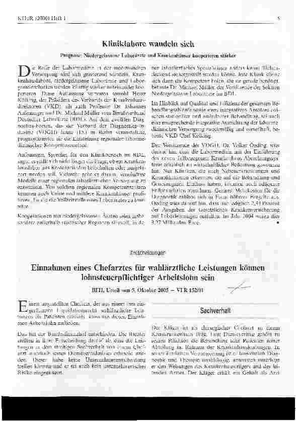 Vorschauseite 1: Einnahmen eines Chefarztes für wahlärztliche Leistungen können lohnsteuerpflichtiger Arbeitslohn sein