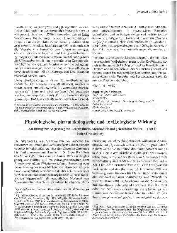 Vorschauseite 1: Physiologische, pharmakologische und toxikologische Wirkung- Ein Beitrag zur Abgrenzung von Lebensmitteln, Arzneimitteln und gefährlichen Stoffen - (Teil 1)