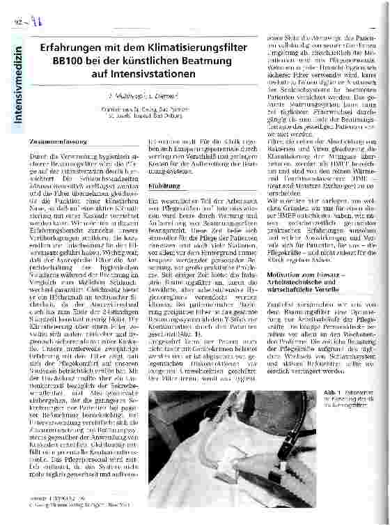 Vorschauseite 1: Erfahrungen mit dem Klimatisierungsfilter BB 100 bei der künstlichen Beatmung auf Intensivstationen