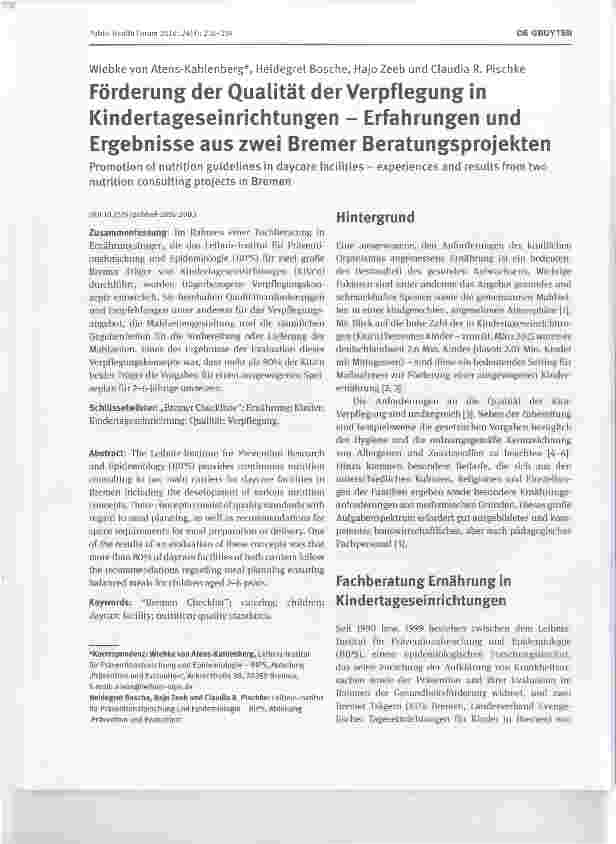 Vorschauseite 1: Förderung der Qualität der Verpflegung in Kindertageseinrichtungen Erfahrungen und Ergebnisse aus zwei Bremer Beratungsprojekten