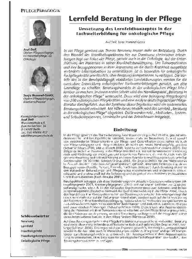 Vorschauseite 1: Lernfeld Beratung in der PflegeUmsetzung des Lernfeldkonzeptes in der Fachweiterbildung für onkologische Pflege