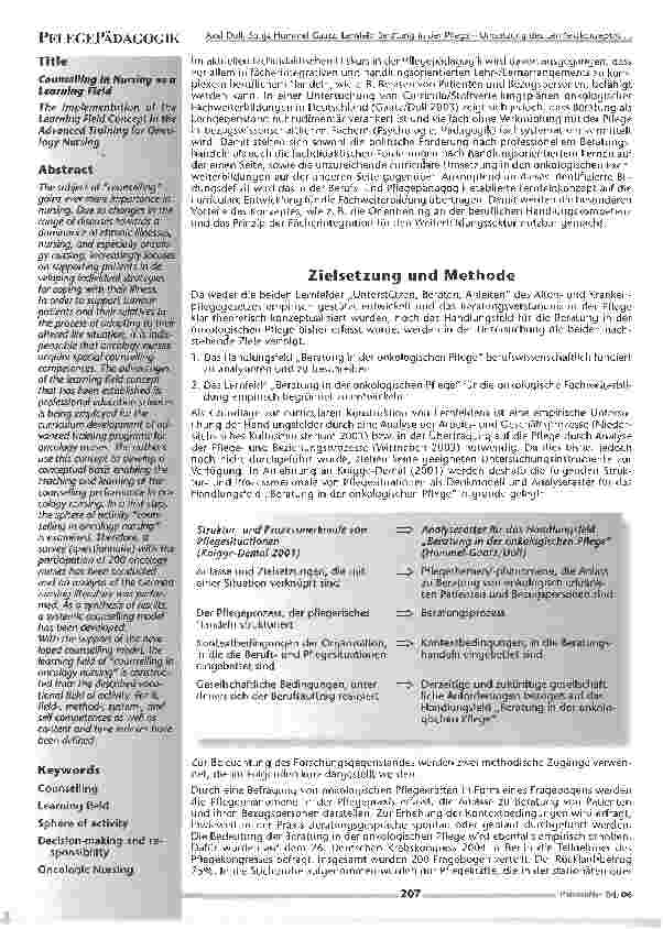 Vorschauseite 2: Lernfeld Beratung in der PflegeUmsetzung des Lernfeldkonzeptes in der Fachweiterbildung für onkologische Pflege