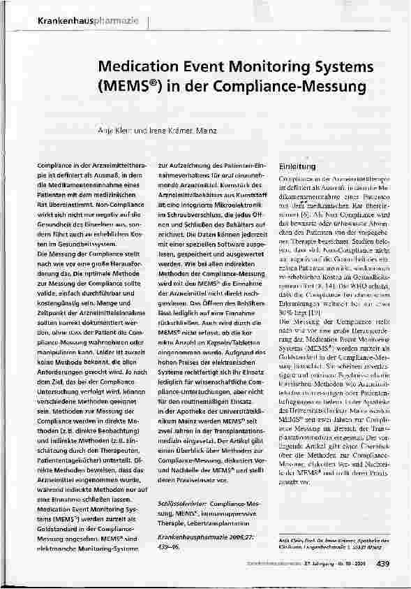 Vorschauseite 1: Medication Event Monitoring Systems (MEMS®) in der Compliance-Messung