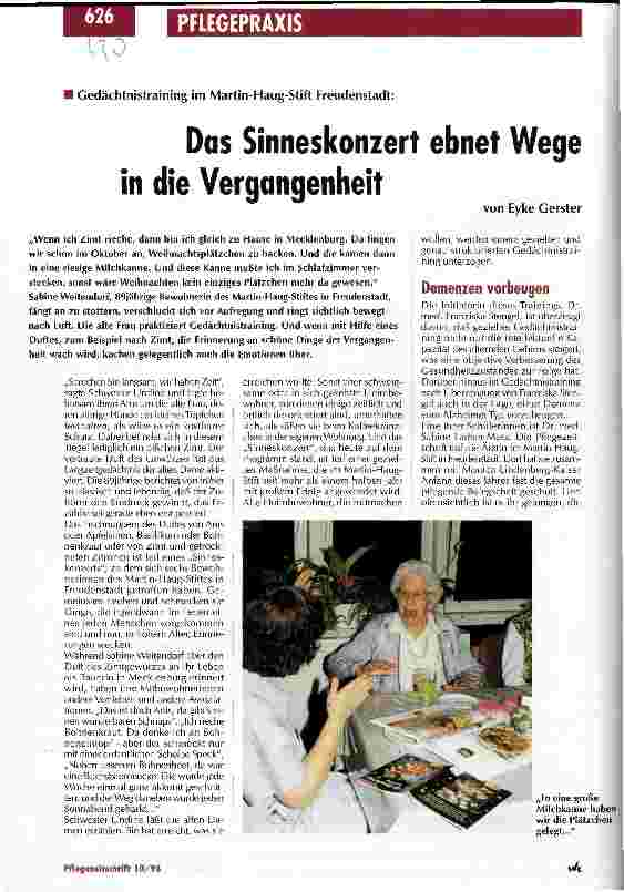 Vorschauseite 1: Das Sinneskonzept ebnet Wege in die Vergangenheit Gedächtnistraining im Martin-Haug-Stift in Freudenstadt