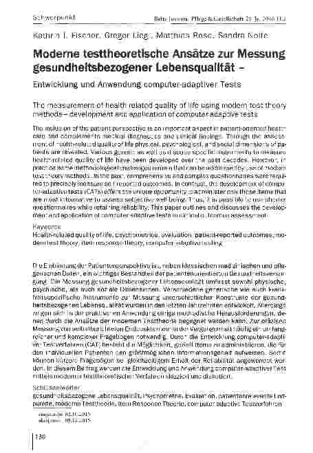 Vorschauseite 1: Moderne testtheoretische Ansätze zur Messung gesundheitsbezogener LebensqualitätEntwicklung und Anwendung computer-adaptiver Tests