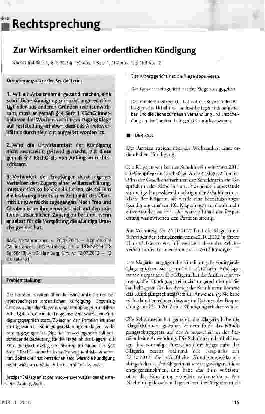 Vorschauseite 1: Zur Wirksamkeit einer ordentlichen Kündigung
