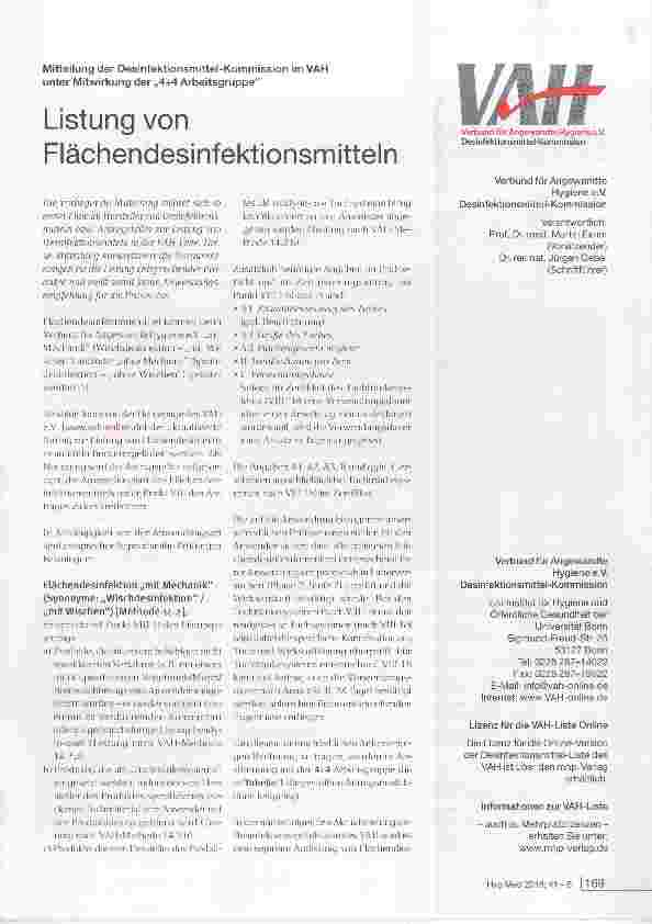 Vorschauseite 1: Listung von Flächendesinfektionsmitteln