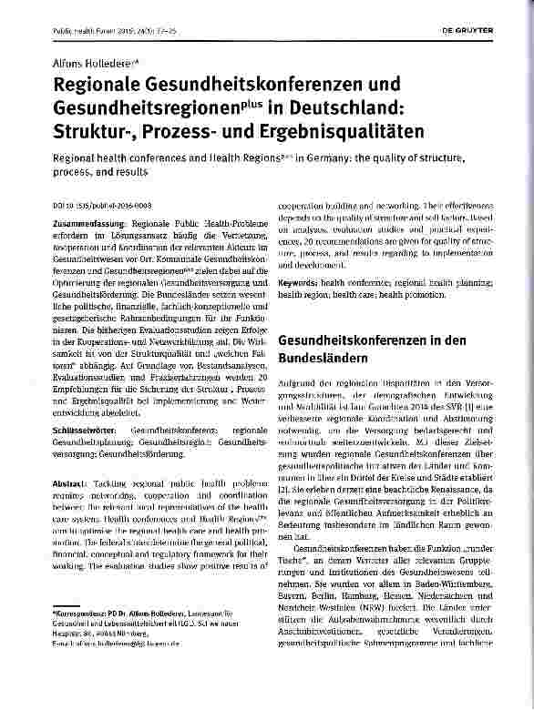 Vorschauseite 1: Regionale Gesundheitskonferenzen und Gesundheitsregionenplus in Deutschland: Struktur-, Prozessund Ergebnisqualitäten