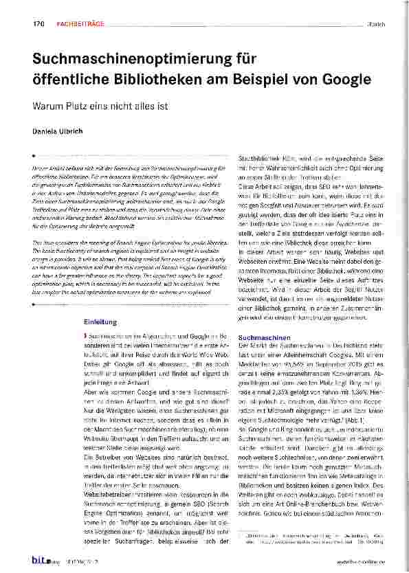 Vorschauseite 1: Suchmaschinenoptimierung für öffentliche Bibliotheken am Beispiel von Google
