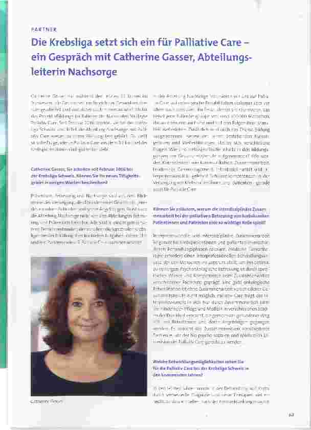 Vorschauseite 1: Die Krebsliga setzt sich ein für Palliative Care - ein Gespräch mit Catherine Gasser, Abteilungsleiterin Nachsorge