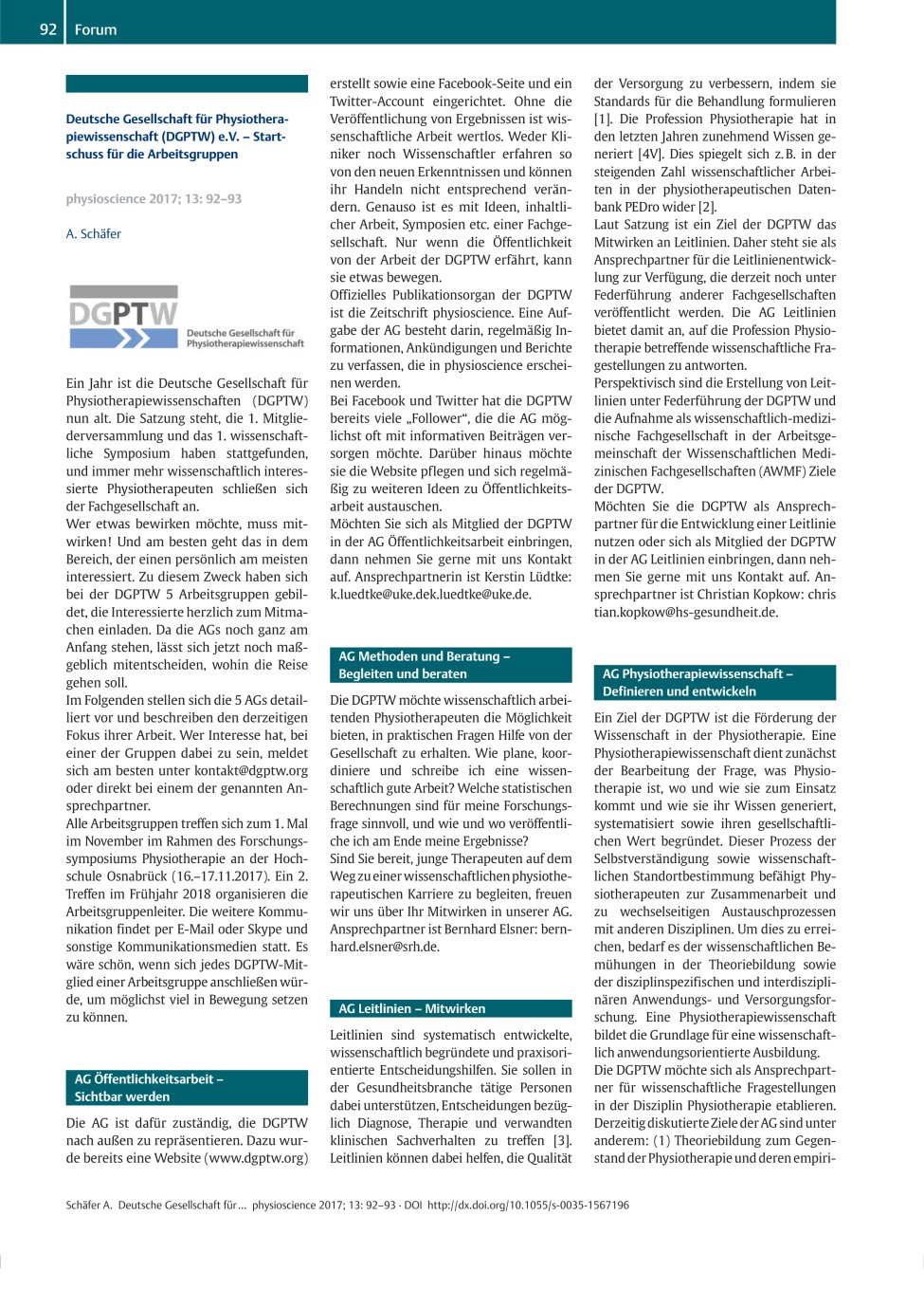 Vorschauseite 1: Deutsche Gesellschaft für Physiotherapiewissenschaft (DGPTW) e.V. ? Startschuss für die Arbeitsgruppen
