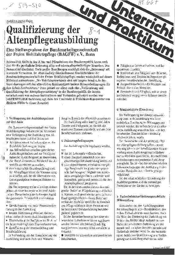 Vorschauseite 1: Qualifizierung der Altenpflegeausbildung / Eine Stellungnahme der Bundesarbeitsgemeinschaft der Freien Wohlfahrt e. V. ,Bonn