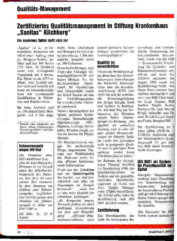 Vorschauseite 1: Zertifiziertes Qualitätsmanagement in Stiftung Krankenhaus Sanitas Kirchberg Ein modernes Spital stellt sich vor