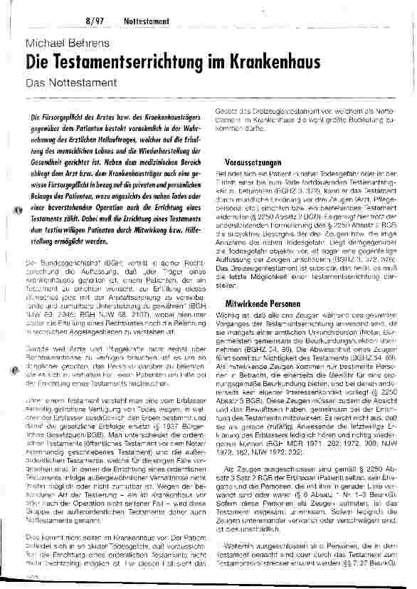 Vorschauseite 1: Die Testamentserrichtung im Krankenhaus Das Nottestament