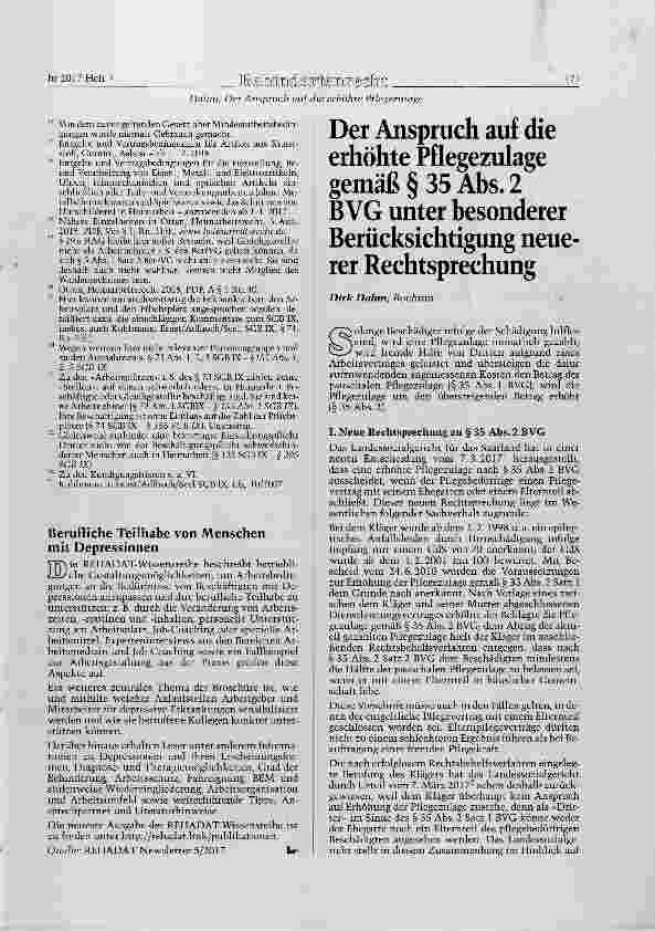 Vorschauseite 1: Der Anspruch auf die erhöhte Pflegezulage gemäß § 35 Abs. 2 BVG unter besonderer Berücksichtigung neuerer Rechtsprechung