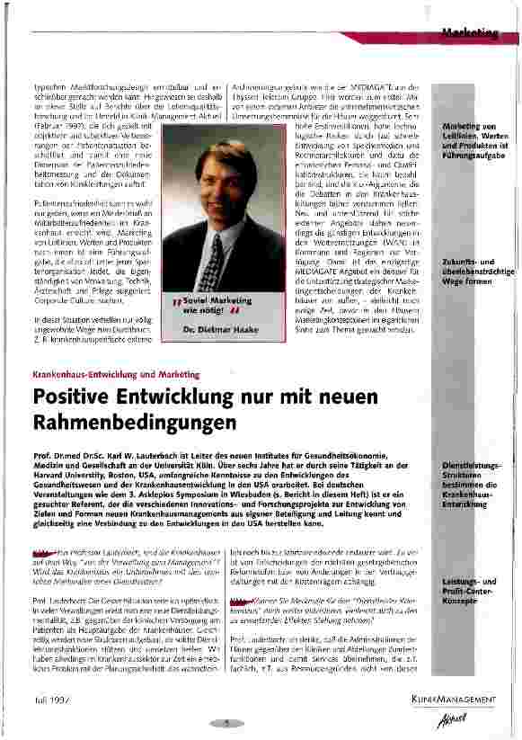 Vorschauseite 1: Positive Entwicklung nur mit neuen Rahmenbedingungen Krankenhaus-Entwicklung und Marketing