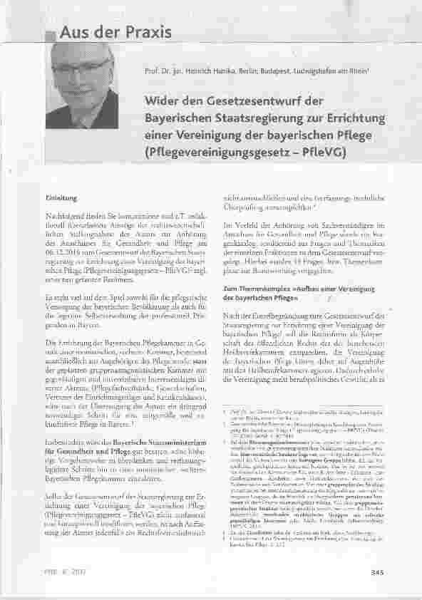 Vorschauseite 1: Wider den Gesetzesentwurf der Bayerischen Staatsregierung zur Errichtung einer Vereinigung der bayerischen Pflege (Pflegevereinigungsgesetz PfleVG)