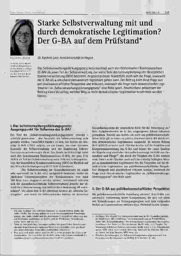 Vorschauseite 1: Starke Selbstverwaltung mit und durch demokratische Legitimation? Der G-BA auf dem Prüfstand*