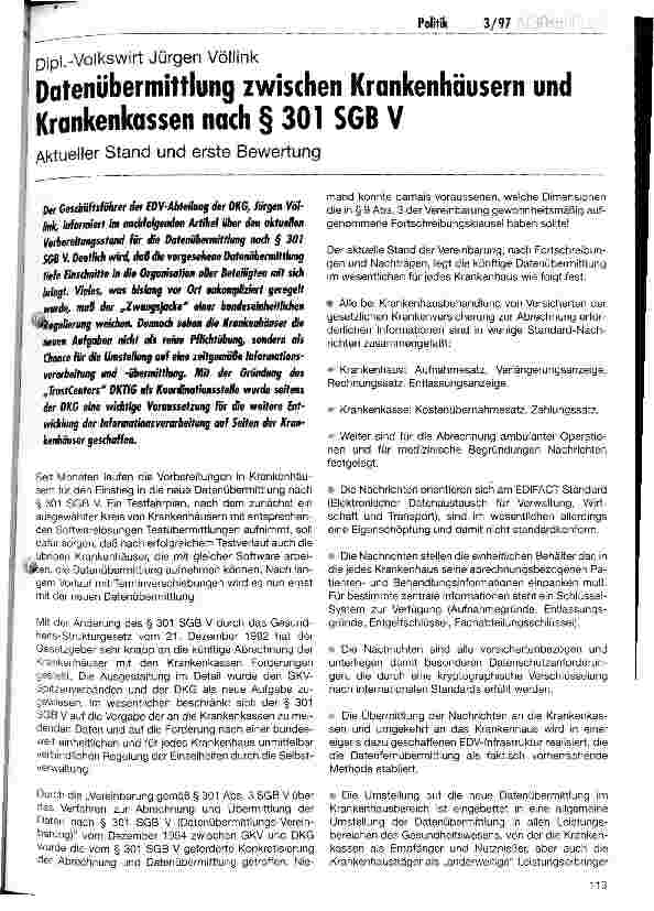 Vorschauseite 1: Datenübermittlung zwischen Krankenhäusern und Krankenkassen nach § 301 SGB V Aktueller Stand und erste Bewertung