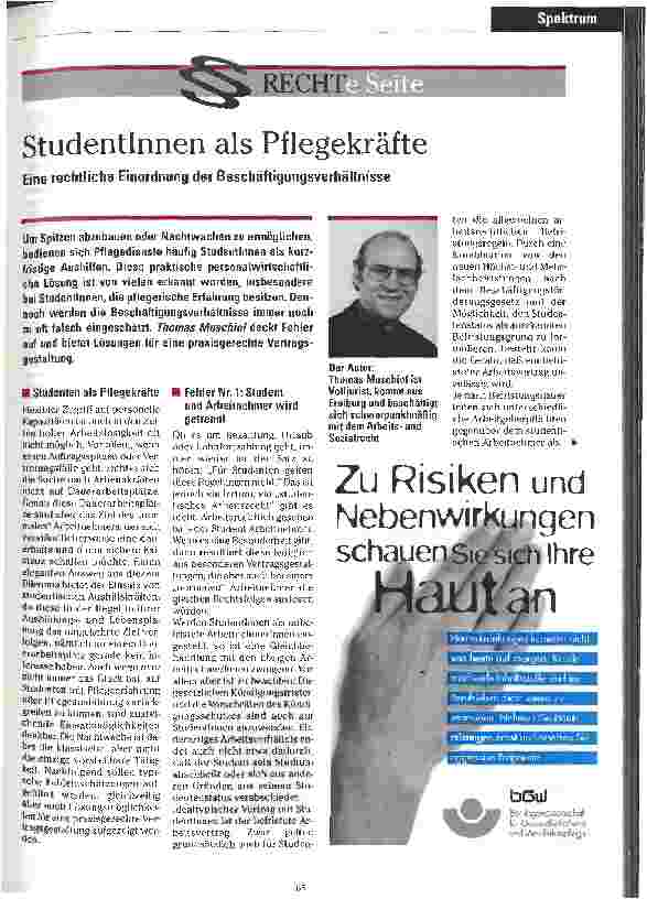 Vorschauseite 1: StudentInnen als Pflegekräfte Eine rechtliche Einordnung der Beschäftigungsverhältnisse