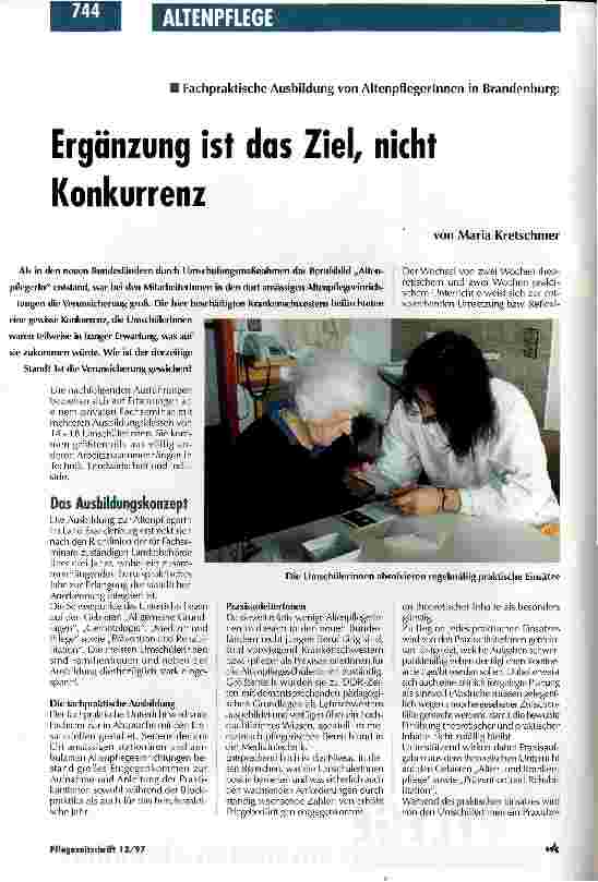 Vorschauseite 1: Fachpraktische Ausbildung von AltenpflegerInnen in Brandenburg: Ergänzung ist das Ziel, nicht Konkurrenz
