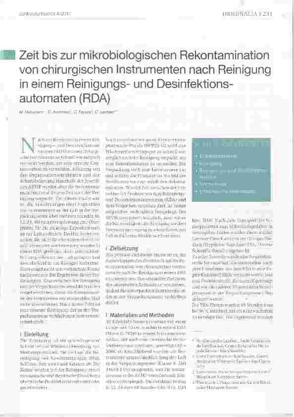 Vorschauseite 1: Zeit bis zur mikrobiologischen Rekontamination von chirurgischen Instrumenten nach Reinigung in einem Reinigungsund Desinfektionsautomaten (RDA)