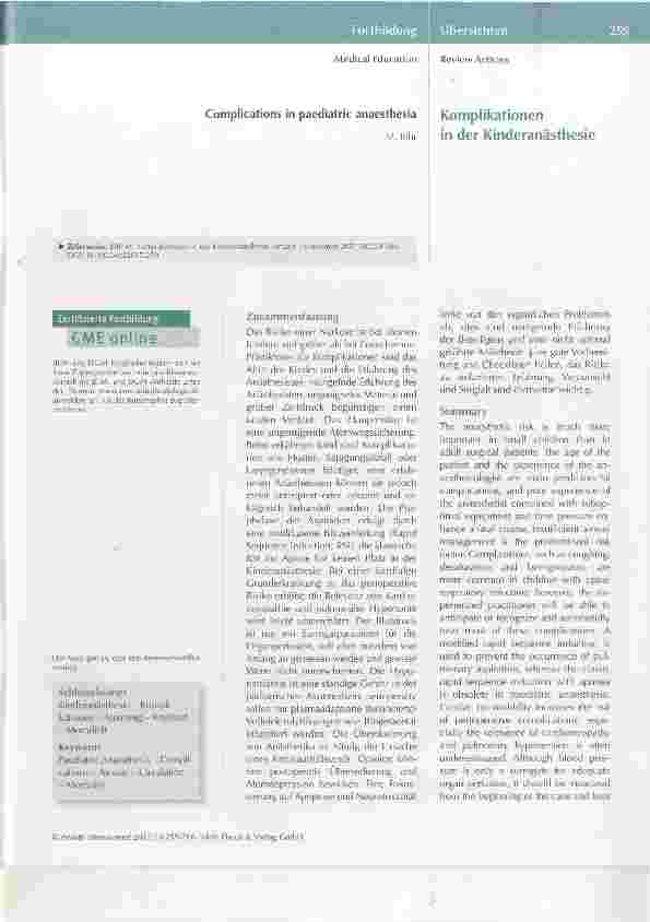 Vorschauseite 1: Komplikationen in der Kinderanästhesie