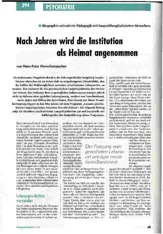Vorschauseite 1: Nach Jahren wird die Institution als Heimat angenommen Biographie-orientierte Pädagogik mit lanzeithospitalisierten Menschen