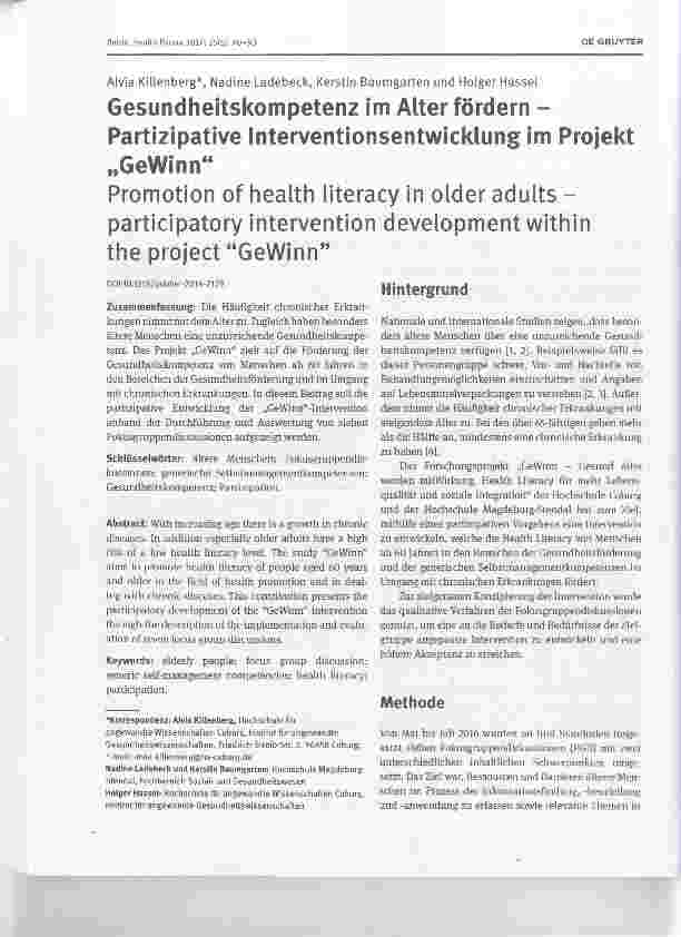 Vorschauseite 1: Gesundheitskompetenz im Alter fördern Partizipative Interventionsentwicklung im Projekt „Gewinn“