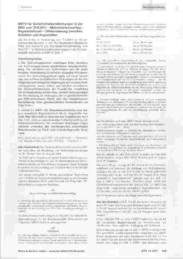 Vorschauseite 1: MRTV für Sicherheitsdienstleistungen in der BRD vom 30.8.2011 Mehrarbeitszuschlag - Regelarbeitszeit - Differenzierung zwischen Arbeitern und Angestellten