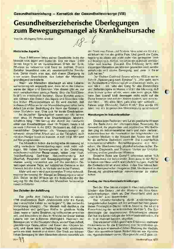 Vorschauseite 1: Gesundheitserzieherische Überlegungen zum Bewegungsmangel als Krankheitsursache - Gesundheitserziehung - (VIII)